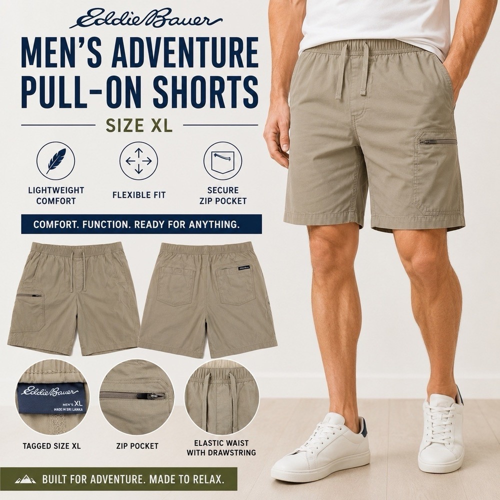 Eddie Bauer Men's XL Pull On Adventure Shorts Khaki Elastic Waist Hiking